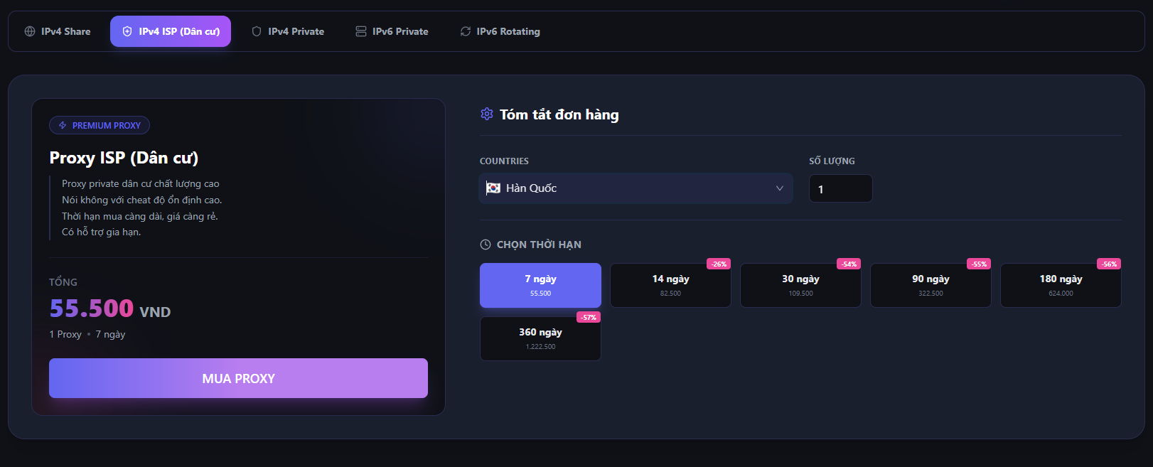 Giao diện thuê Proxy Hàn Quốc tự động tại ProxyGen.Vn